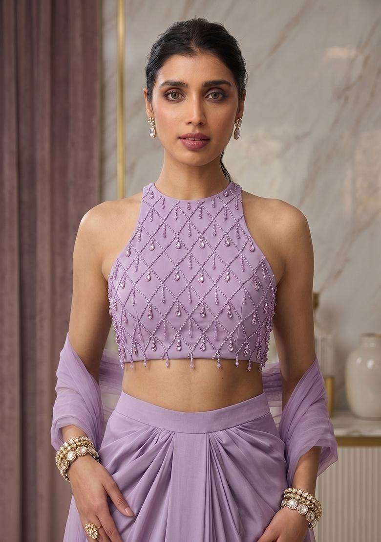 Lavender Embroidered Handwork Fusion Set - Indya