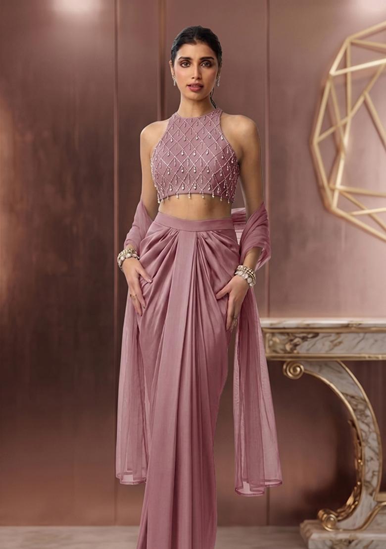 Mauve Embroidered Handwork Fusion Set - Indya