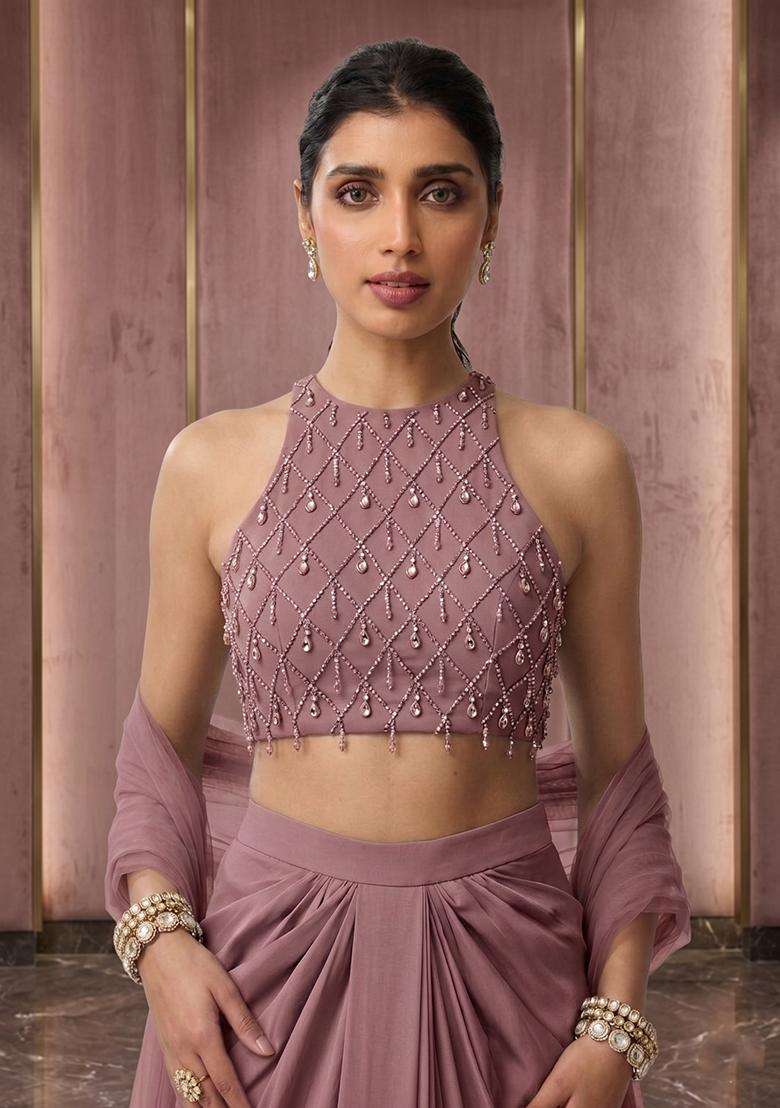 Mauve Embroidered Handwork Fusion Set - Indya