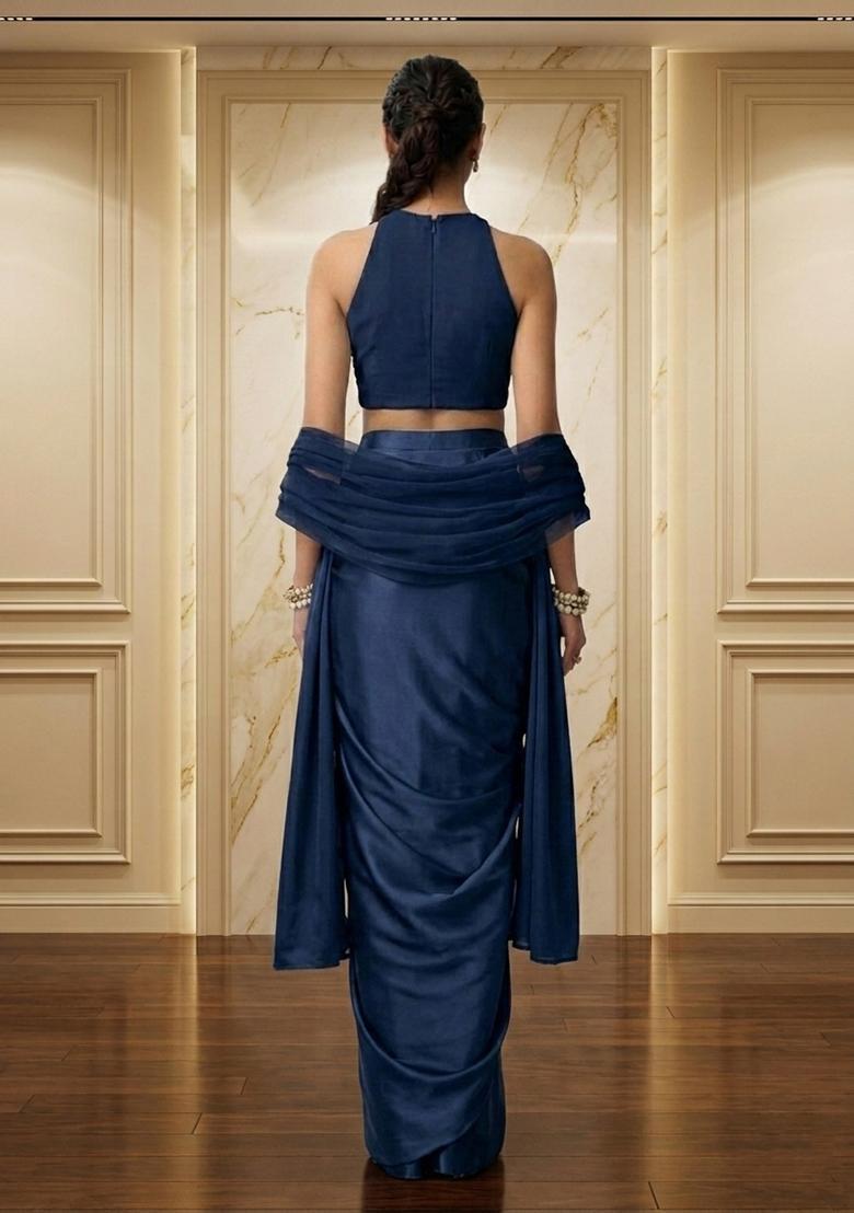 Navy Blue Embroidered Handwork Fusion Set - Indya