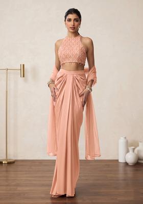 Peach Embroidered Handwork Fusion Set