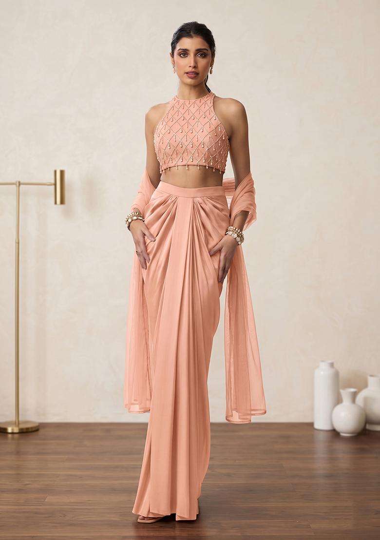 Peach Embroidered Handwork Fusion Set - Indya