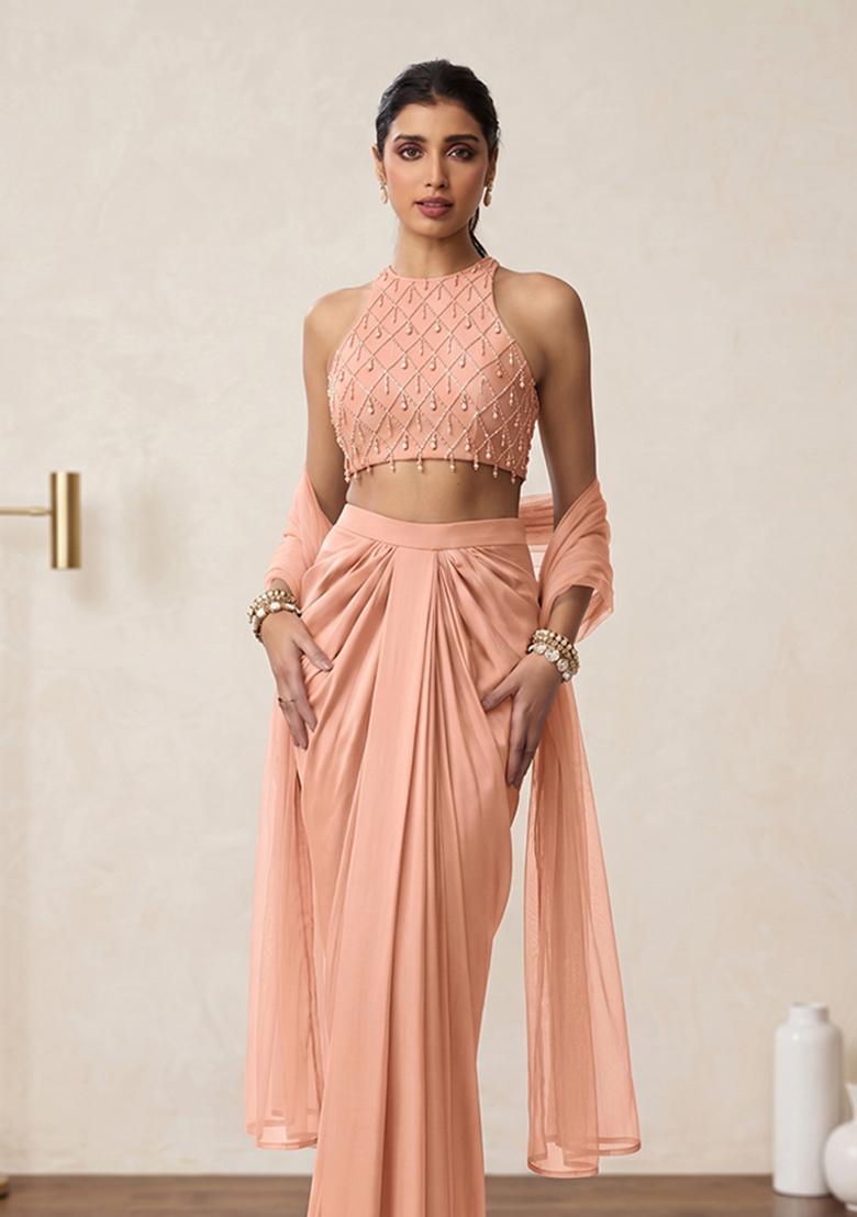 Peach Embroidered Handwork Fusion Set - Indya