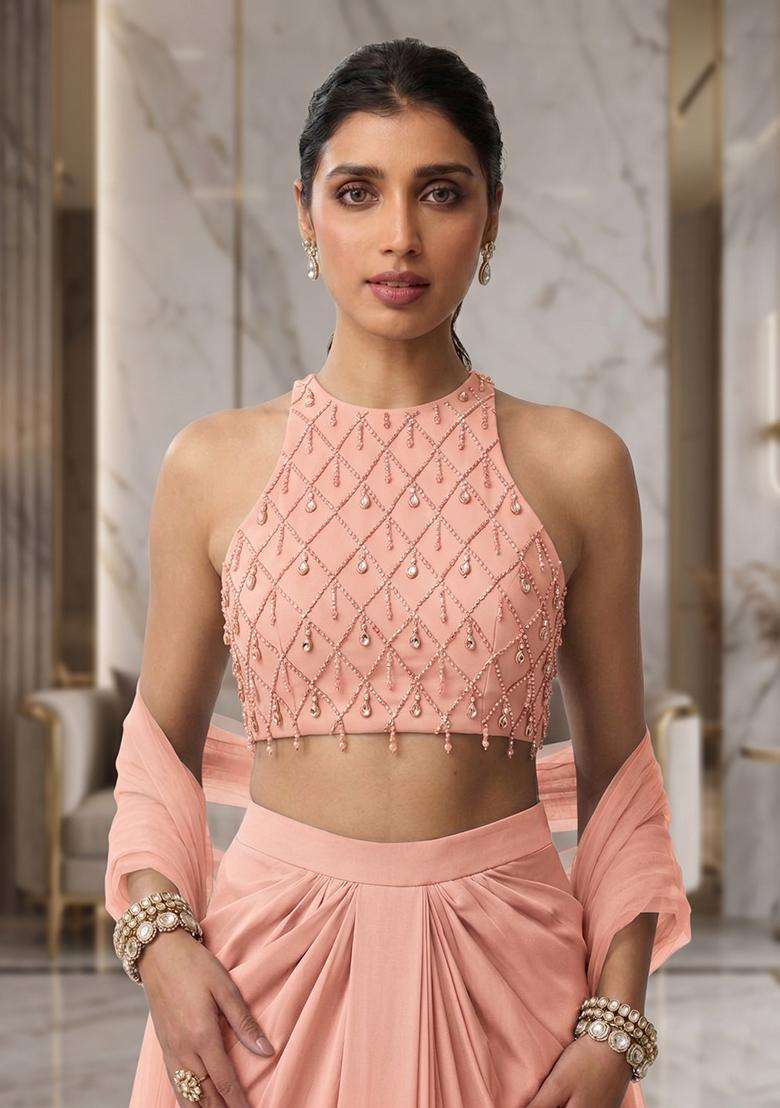 Peach Embroidered Handwork Fusion Set - Indya