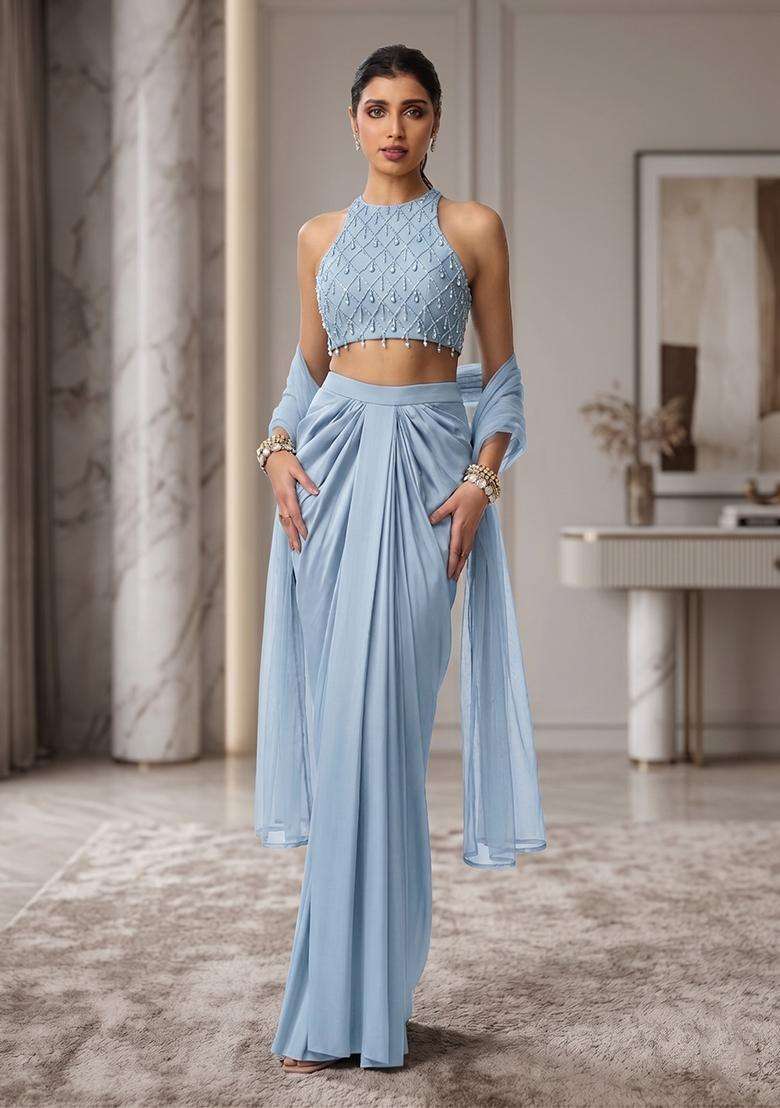 Sky Blue Embroidered Handwork Fusion Set - Indya