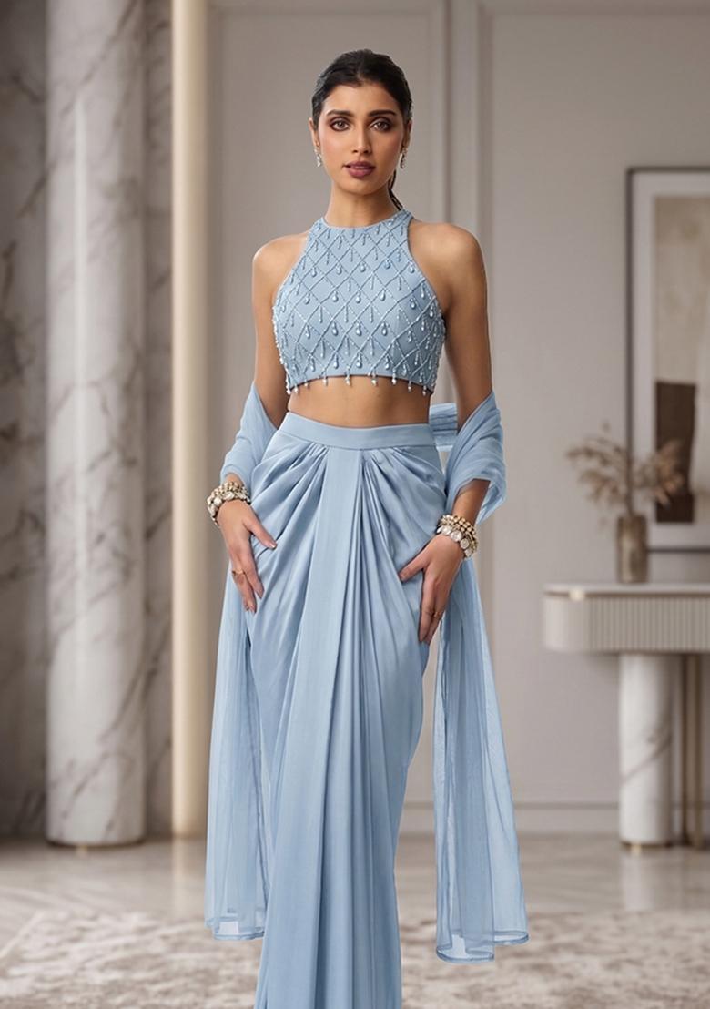 Sky Blue Embroidered Handwork Fusion Set - Indya