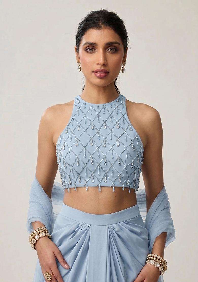 Sky Blue Embroidered Handwork Fusion Set - Indya
