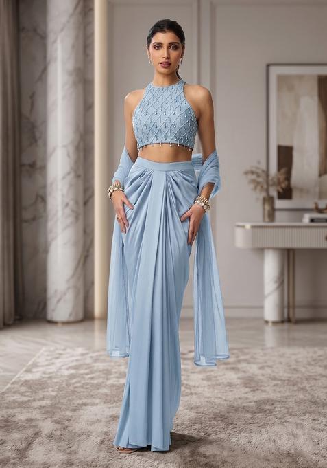 Sky Blue Silk Blend Handwork Fusion Set