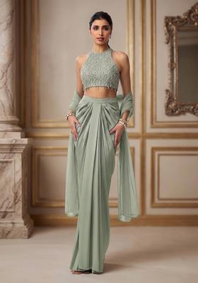 Sage Green Embroidered Handwork Fusion Set