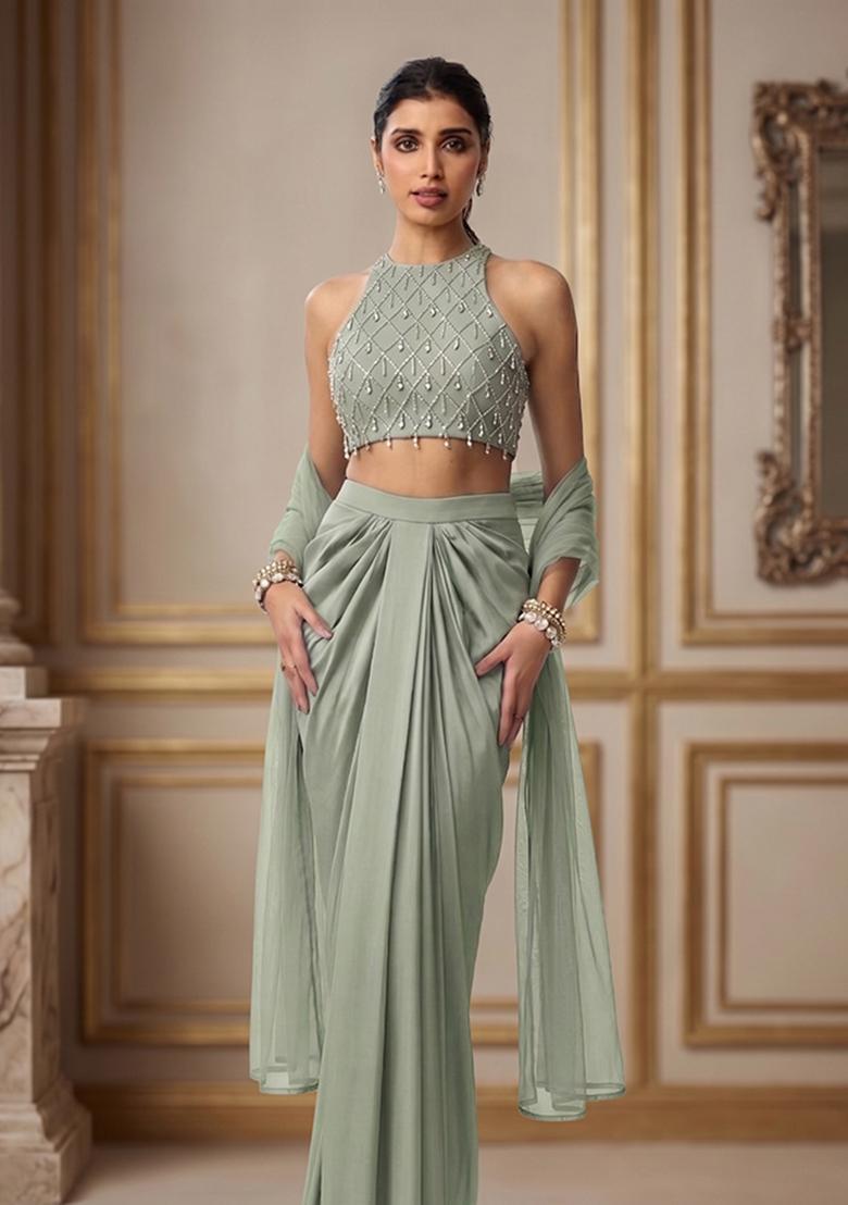 Sage Green Embroidered Handwork Fusion Set - Indya