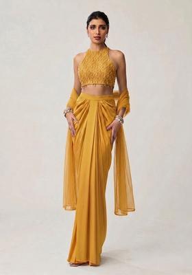Mustard Embroidered Handwork Fusion Set