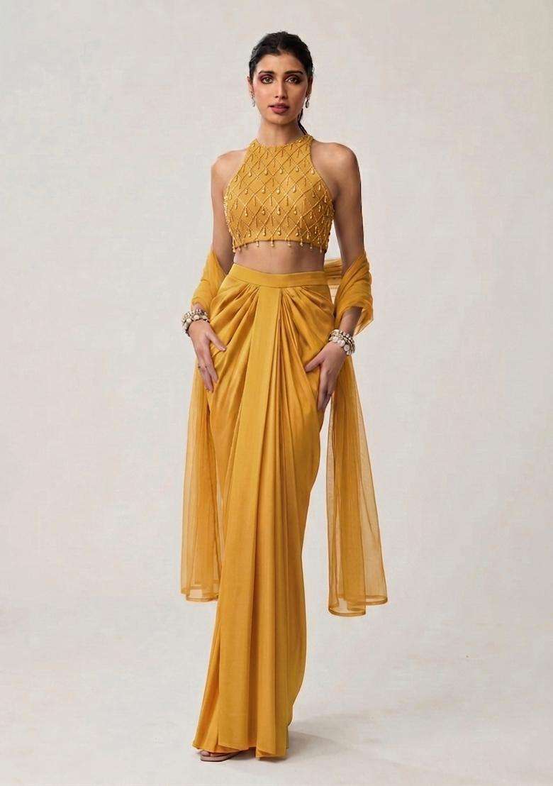 Mustard Embroidered Handwork Fusion Set - Indya