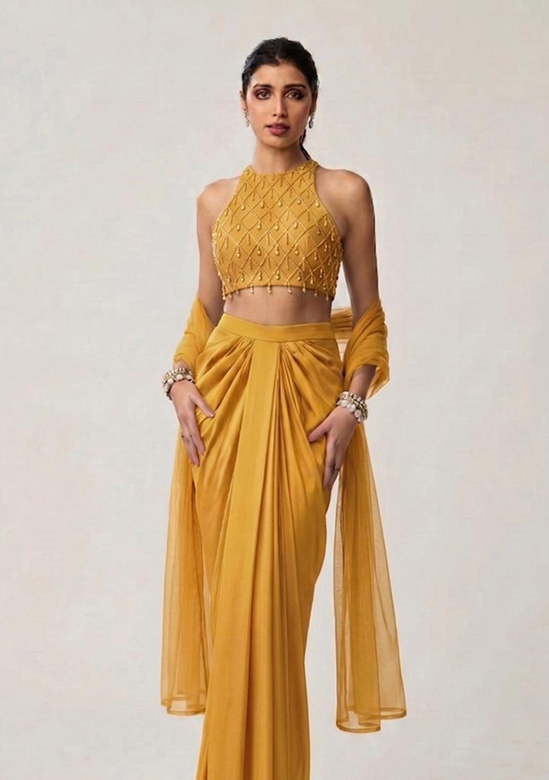 Mustard Embroidered Handwork Fusion Set - Indya