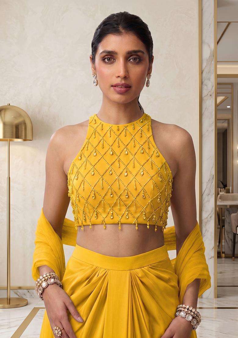 Mustard Embroidered Handwork Fusion Set - Indya