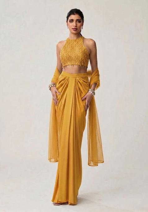 Mustard Silk Blend Handwork Fusion Set