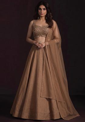 Tan Mirror Work Silk Blend Lehenga Set