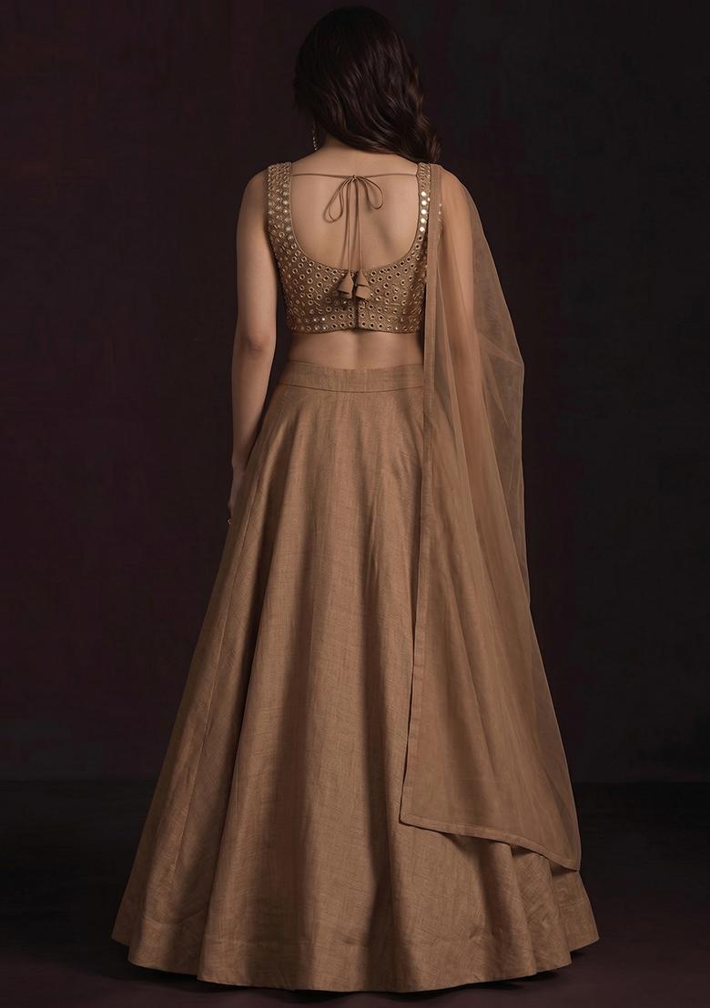 Tan Mirror Work Silk Blend Lehenga Set - Indya