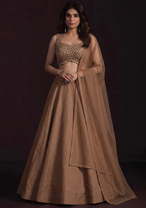 Tan Silk Blend Mirror Work Lehenga Set
