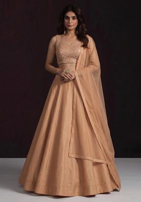 Peach Mirror Work Silk Blend Lehenga Set
