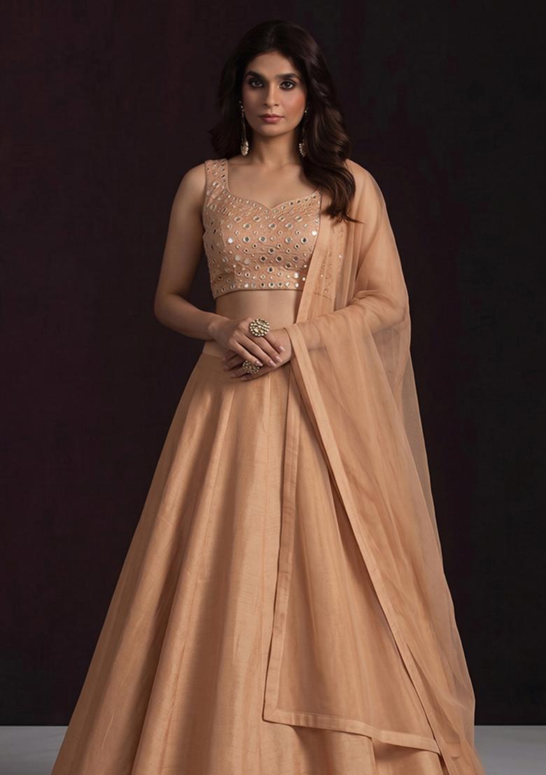 Peach Mirror Work Silk Blend Lehenga Set - Indya