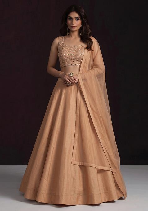 Peach Silk Blend Mirror Work Lehenga Set