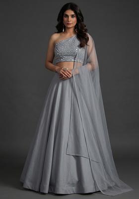 Grey Mirror Work Silk Blend Lehenga Set