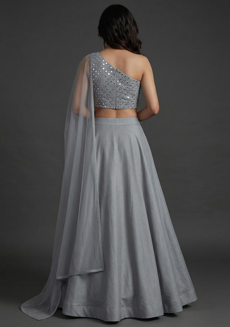 Grey Mirror Work Silk Blend Lehenga Set - Indya