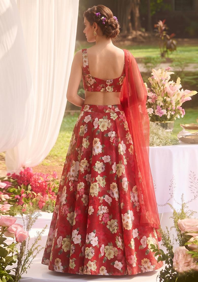 Red Printed Silk Blend Lehenga Set - Indya