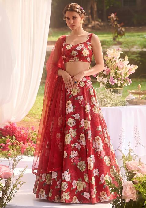 Red Organza Floral Print Lehenga Set