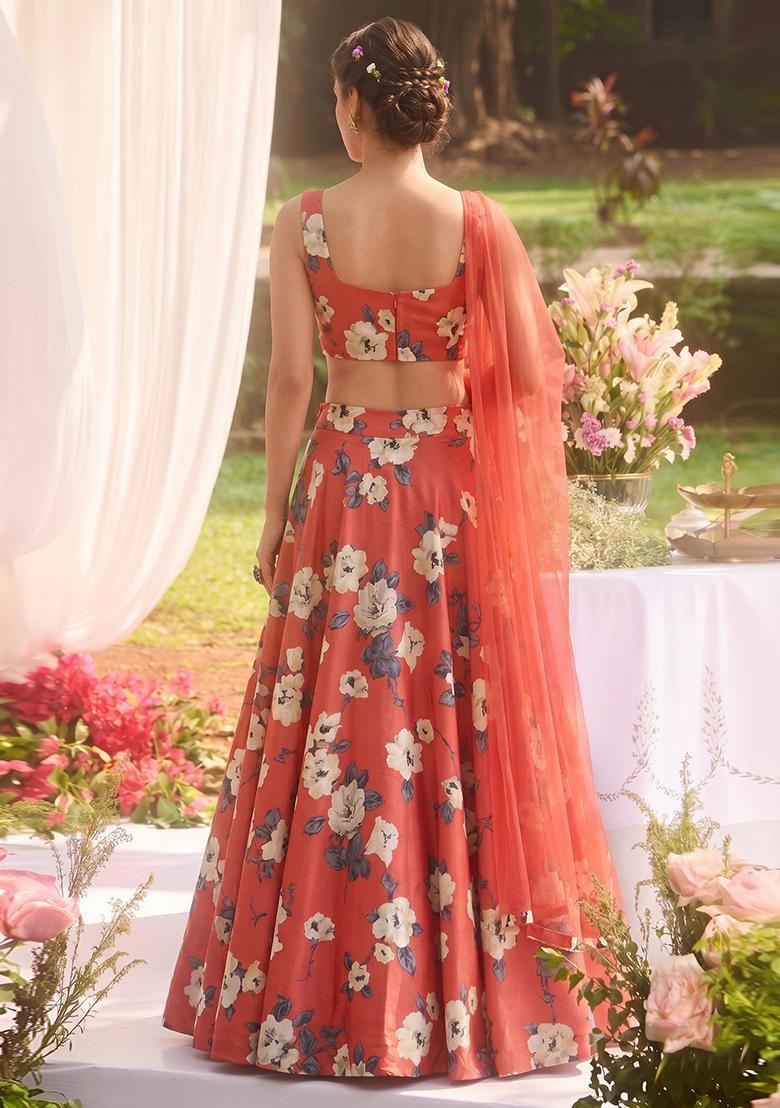 Coral Silk Blend Floral Print Lehenga Set - Indya