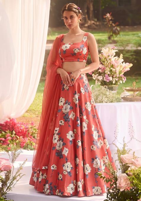 Red Silk Blend Floral Print Lehenga Set