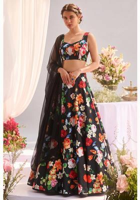 Black Printed Silk Blend Lehenga Set
