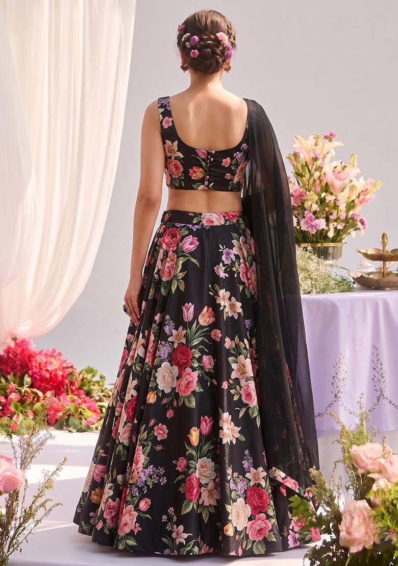 Black Printed Silk Blend Lehenga Set - Indya