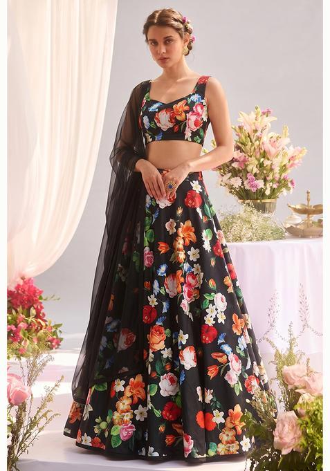 Black Silk Blend Floral Print Lehenga Set