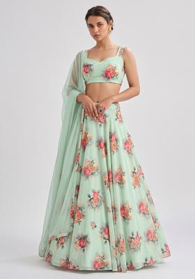 Mint Green Printed Silk Blend Lehenga Set