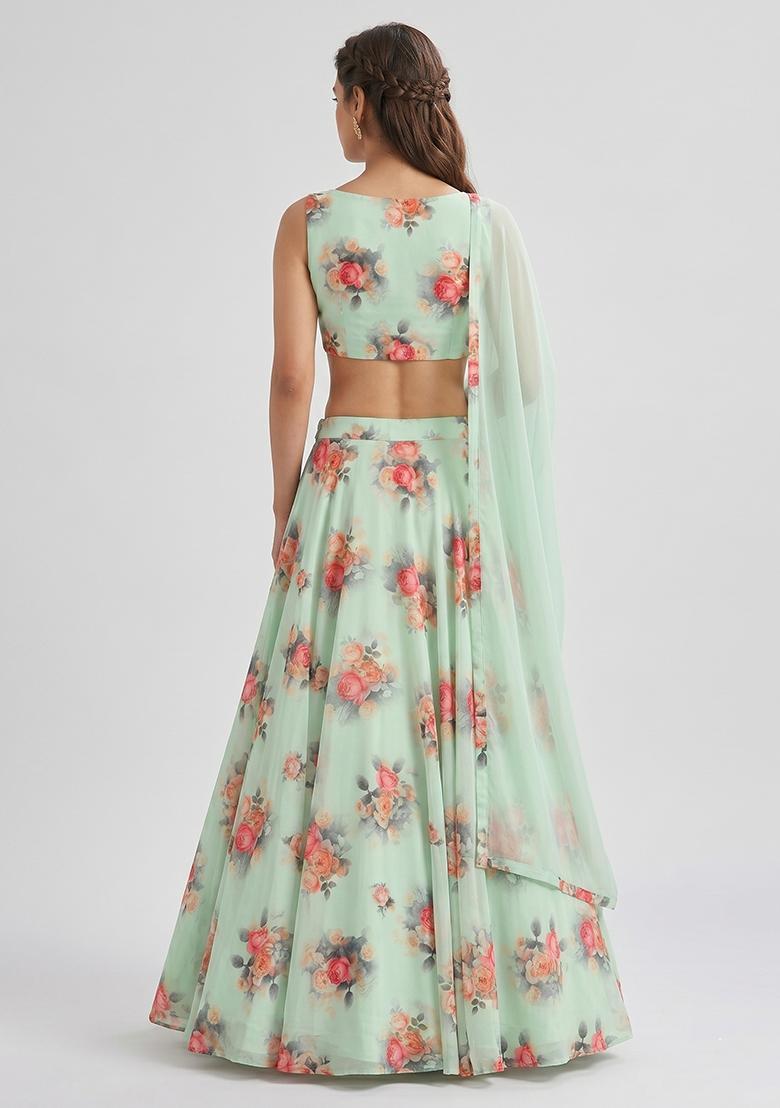 Mint Green Printed Silk Blend Lehenga Set - Indya
