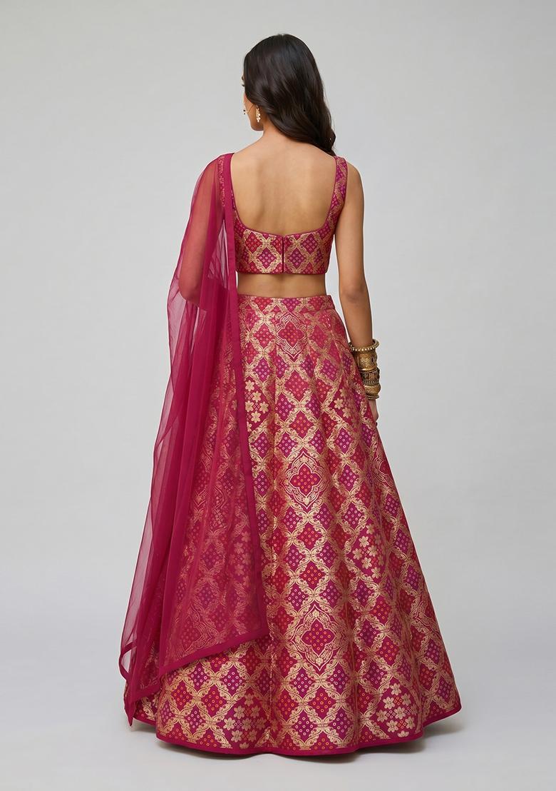 Rani Pink Brocade Zari Silk Blend Lehenga Set - Indya