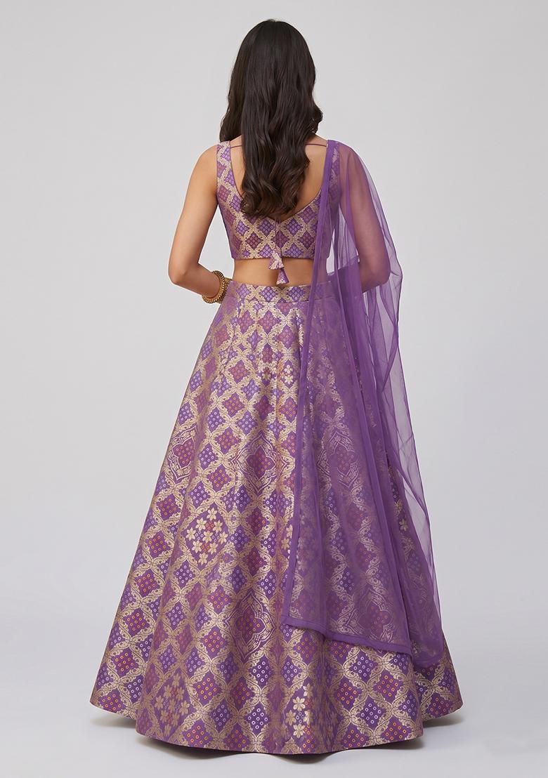 Purple Brocade Zari Silk Blend Lehenga Set - Indya
