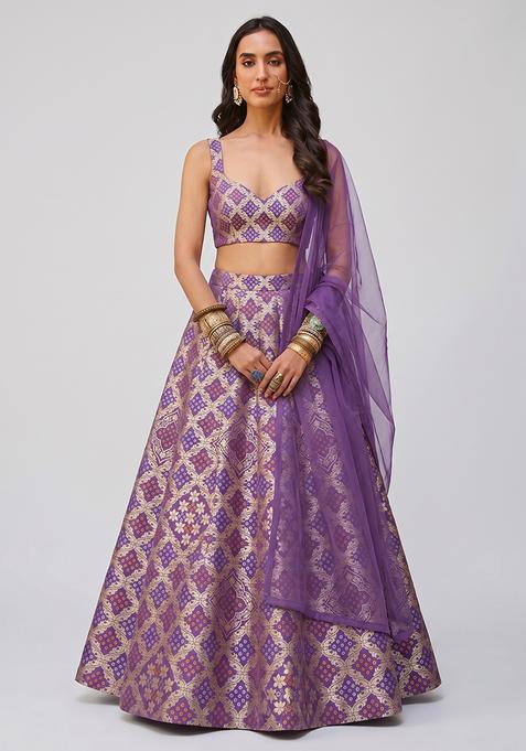 Purple Silk Blend Brocade Lehenga Set