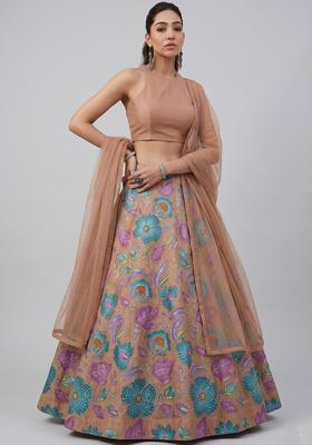 Beige Printed Organza Lehenga Set
