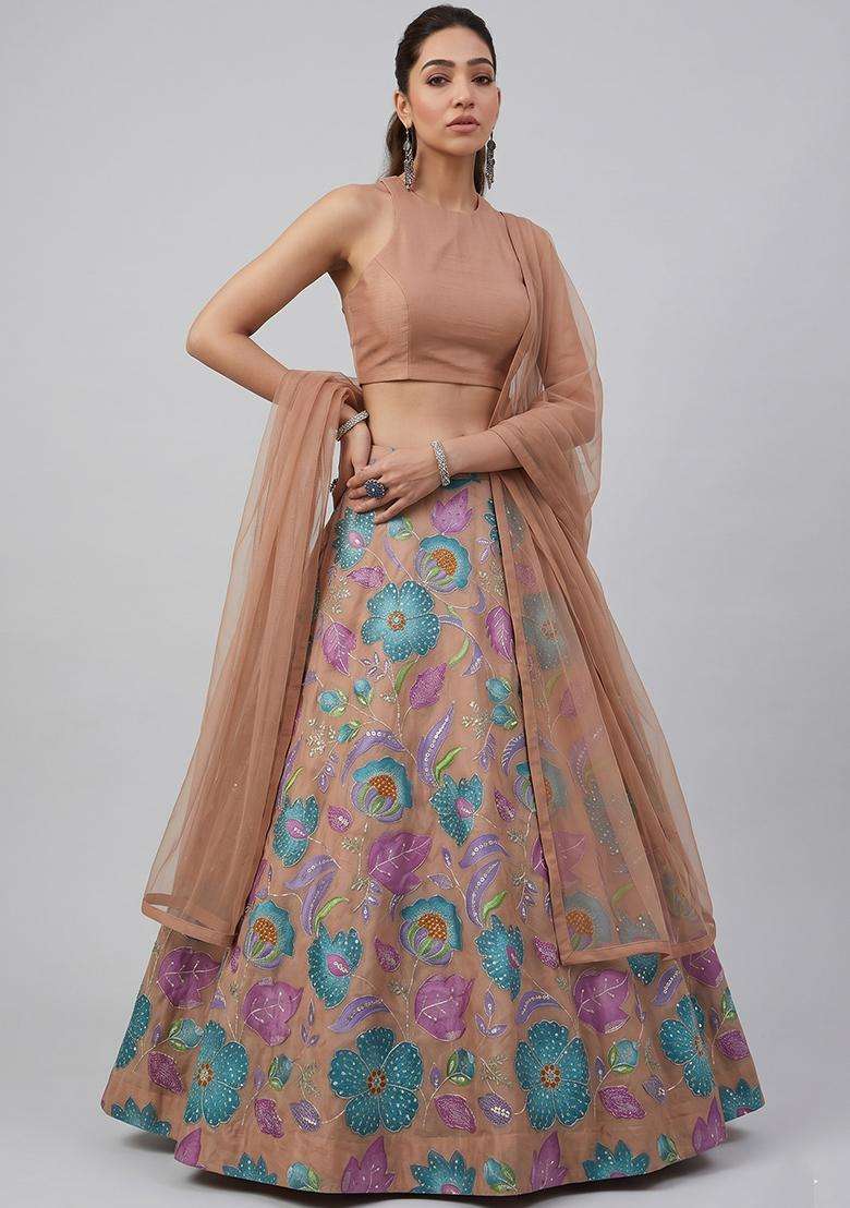 Beige Printed Organza Lehenga Set - Indya