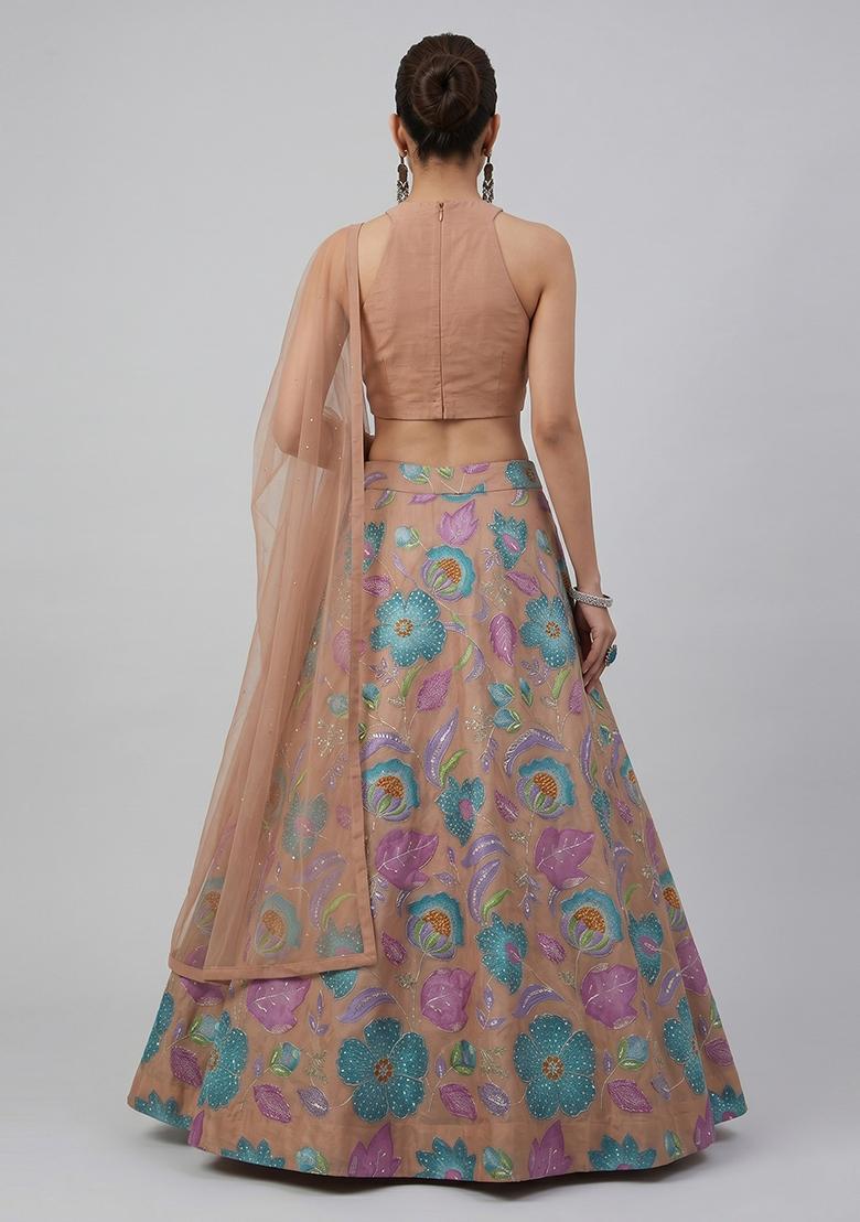 Beige Printed Organza Lehenga Set - Indya