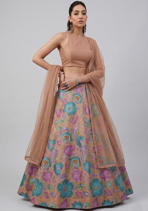 Beige Printed Organza Lehenga Set