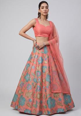 Coral Printed Organza Lehenga Set