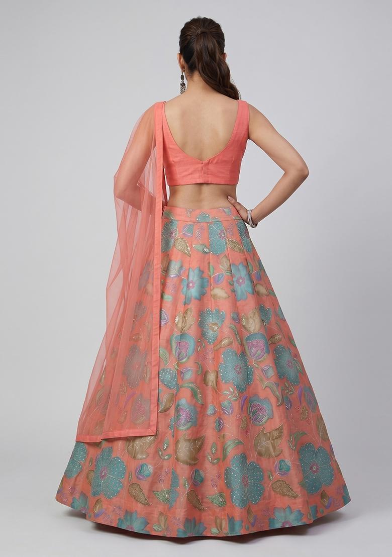 Coral Printed Organza Lehenga Set - Indya