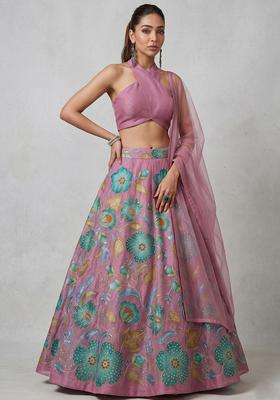 Mauve Pink Printed Organza Lehenga Set