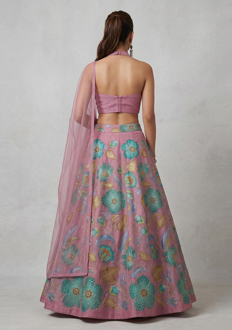 Mauve Pink Printed Organza Lehenga Set - Indya