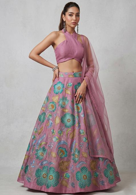 Mauve Pink Silk Blend Embroidered Lehenga Set