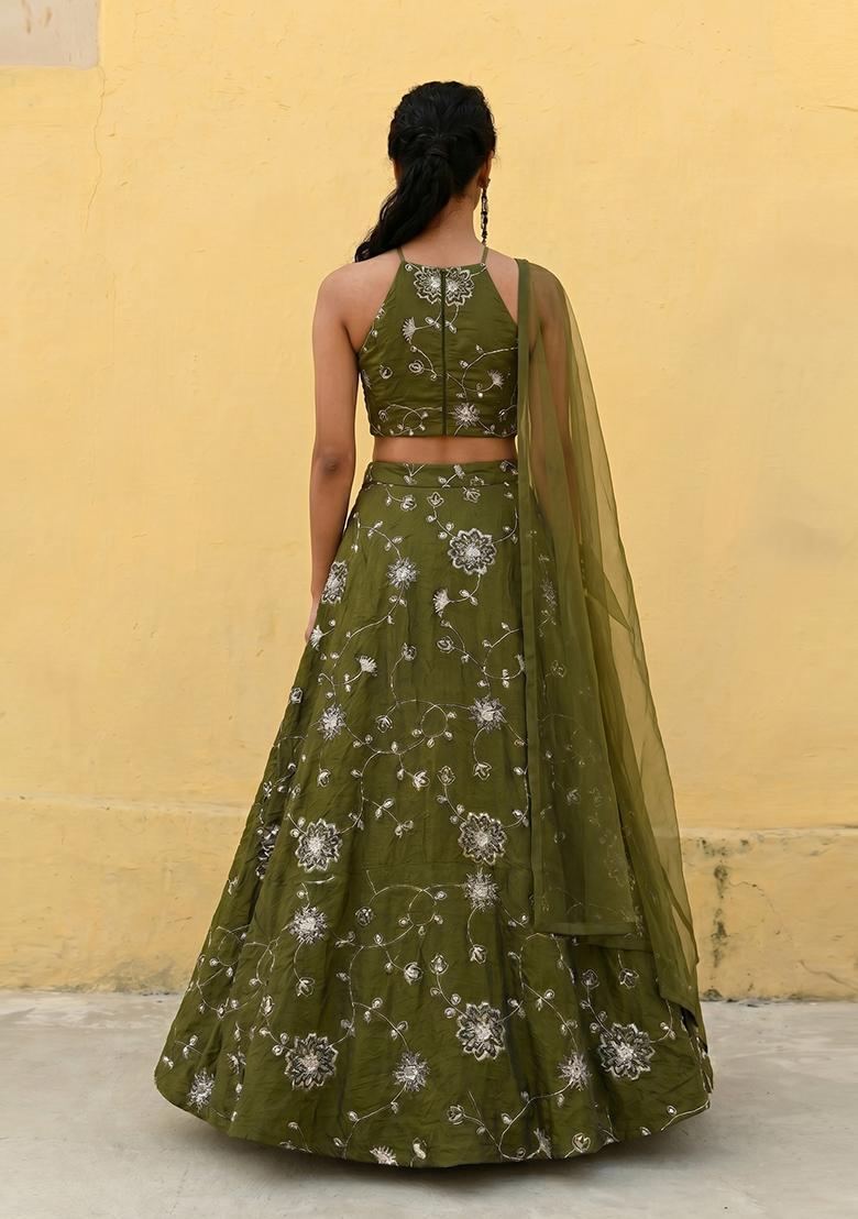 Olive Green Embroidered Silk Blend Lehenga Set - Indya