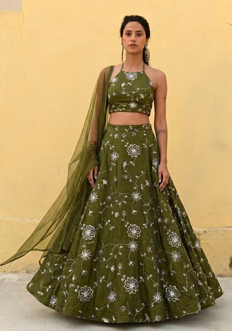 Olive Green Silk Blend Embroidered Lehenga Set
